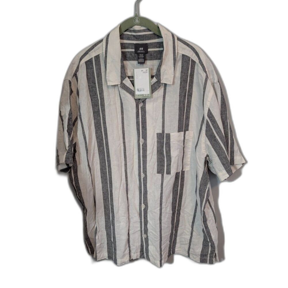 H&M Men's Regular Fit Linen-Blend Striped Resort Camp Shirt NWT Size XXL